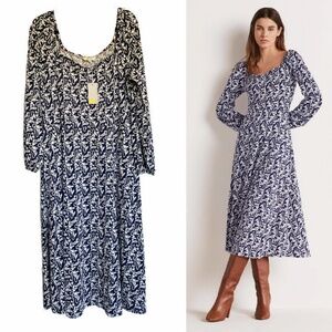 NWT | BODEN Square Neck Jersey Midi Dress in Navy/White Paisley Meadow Size 12R